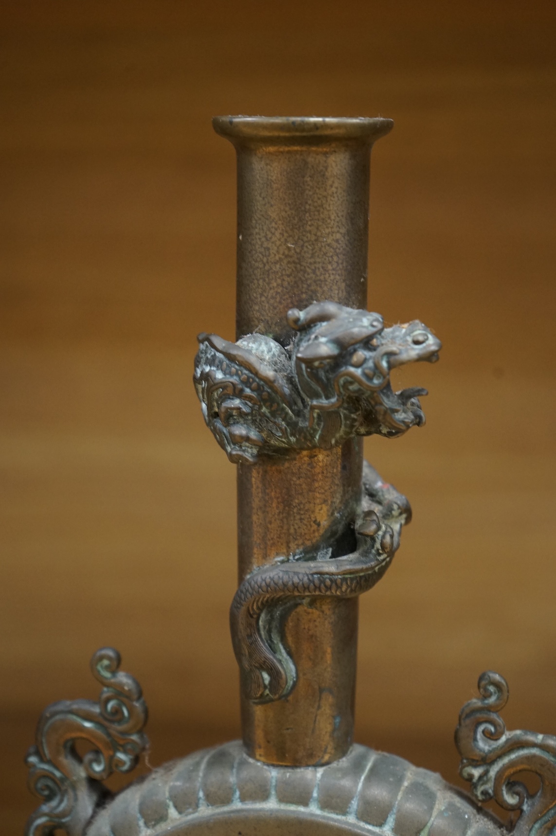 A pair of 19th century Japanese bronze moonflasks, with dragon motifs, 35cm high